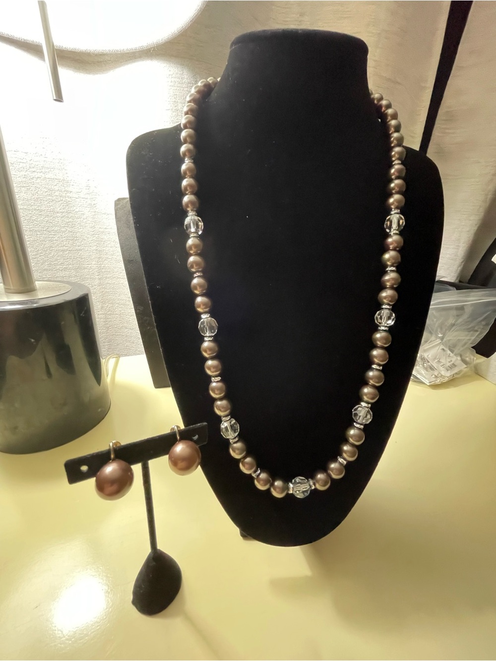 Classic Brown Pearl and Crystal Bead Necklace with Matching Earrings